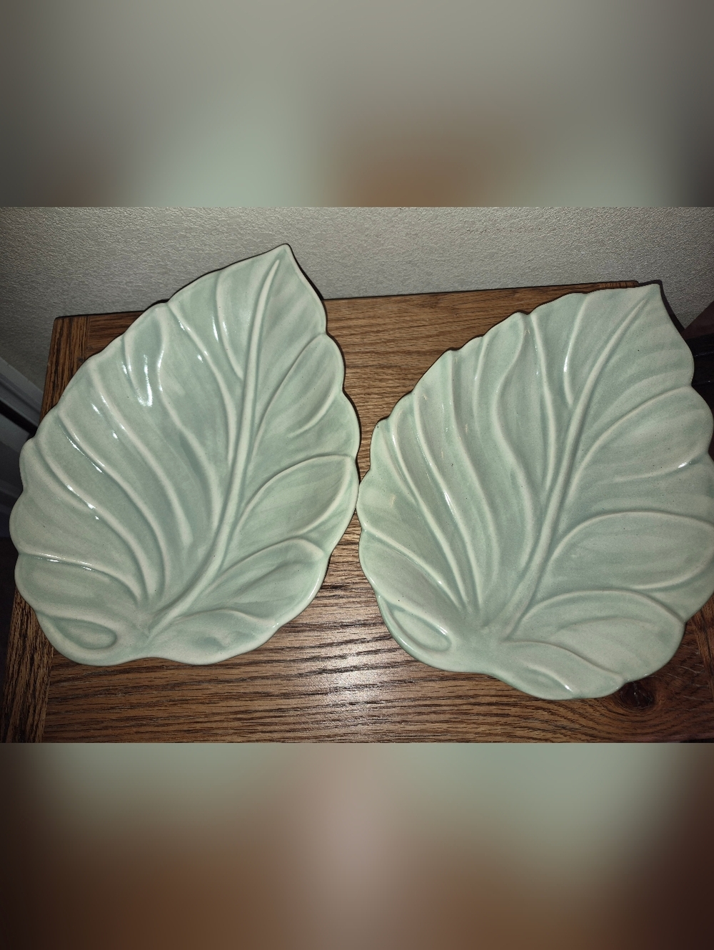2 Vintage Royal Haeger Celadon Green Leaf-Shaped Platters, Serving Dishes